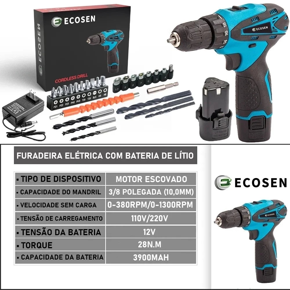 Furadeira Parafusadeira 12V 3900mAh 28N.m com Maleta e Acessorios