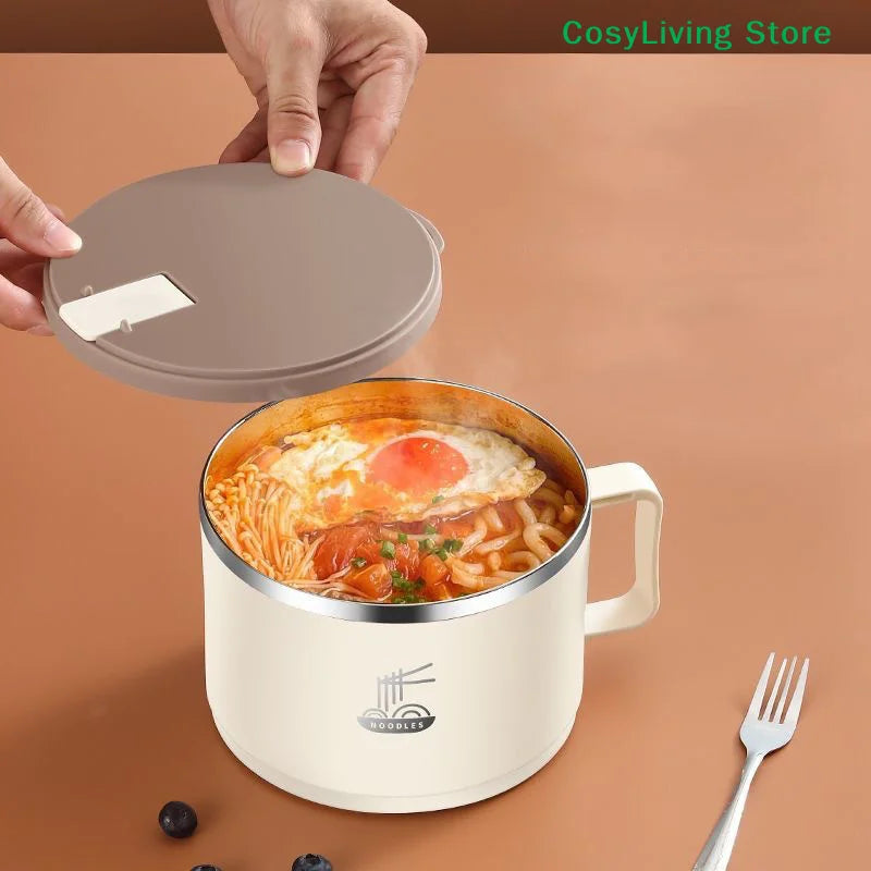 Marmita Antiescaldante de Dupla Camada com Talheres/Tampa, Tigela de Aço Inoxidável 304 com Isolamento Térmico, Grande Capacidade, Pode Escorrer, Tigela para Ramen