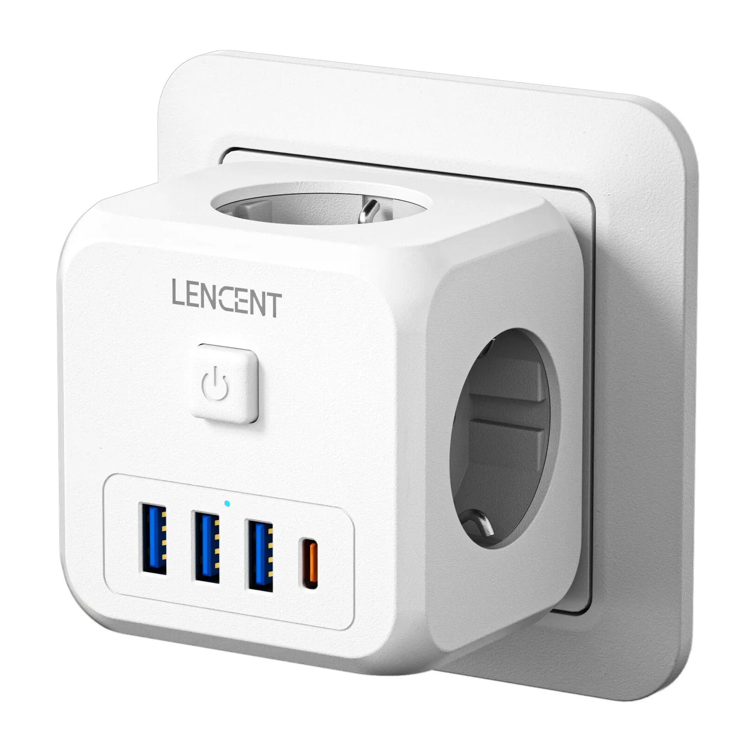 LENCENT Extensor de Tomada de Parede com 3 Tomadas AC 3 Portas USB E 1 Tipo C 7-em 1 EU Plug Charger On/Off Switch para Casa