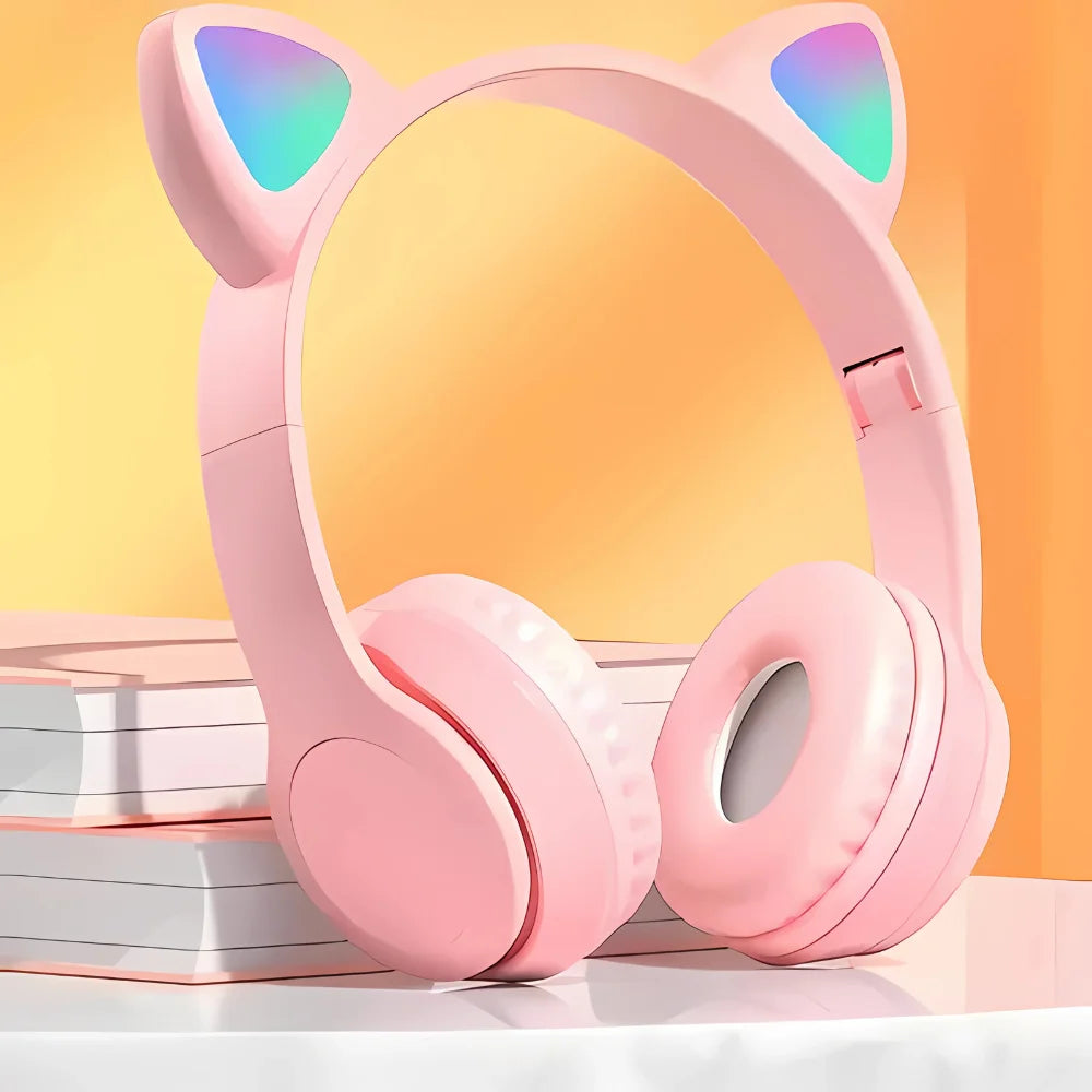 Fone de Ouvido Bluetooth Infantil com Orelhas de Gatinho e Luz de LED – Modelo Sem Fio para Meninos e Meninas, Cores Variadas