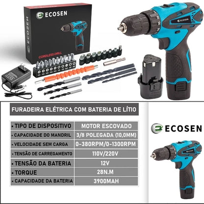 Furadeira Parafusadeira 12V 3900mAh 28N.m com Maleta e Acessorios
