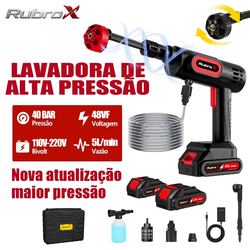 Lavadora de Alta Pressão Sem Fio 300W - Bico Multifuncional 6 em 1 Portátil Recarregável 2 Baterias 6000mAh Com Maleta Bivolt