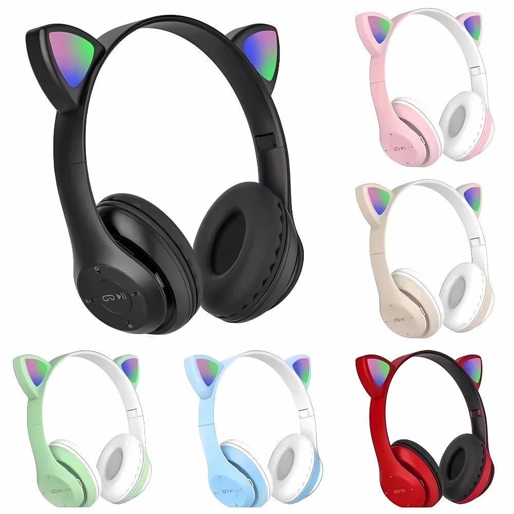 Fone de Ouvido Bluetooth Infantil com Orelhas de Gatinho e Luz de LED – Modelo Sem Fio para Meninos e Meninas, Cores Variadas