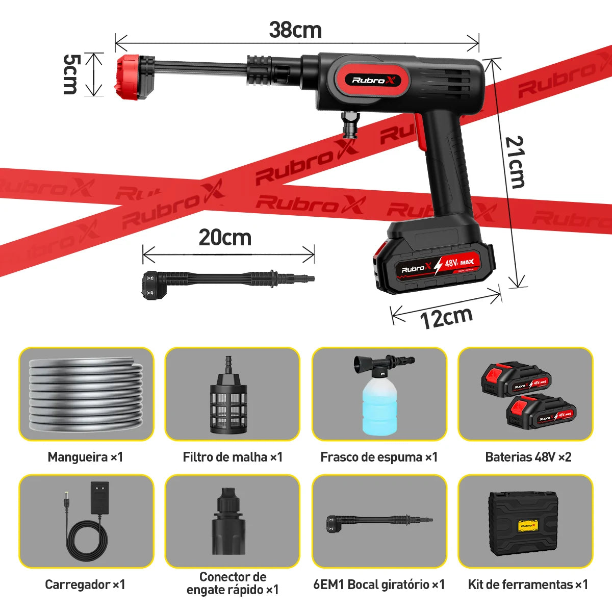 Lavadora de Alta Pressão Sem Fio 300W - Bico Multifuncional 6 em 1 Portátil Recarregável 2 Baterias 6000mAh Com Maleta Bivolt