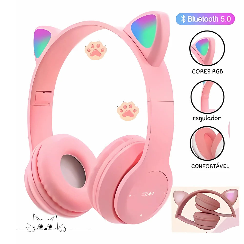 Fone de Ouvido Bluetooth Infantil com Orelhas de Gatinho e Luz de LED – Modelo Sem Fio para Meninos e Meninas, Cores Variadas