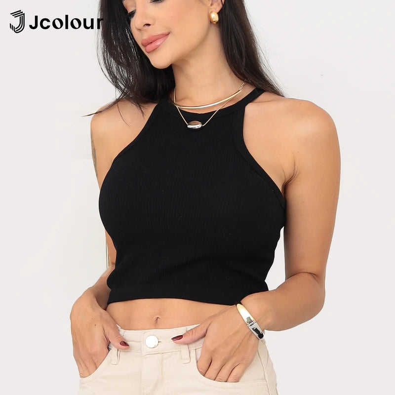 3 Peças，Cropped canelado，Regata de gola alta sexy，Top curto justo sem mangas，Regata de tricô casual de verão