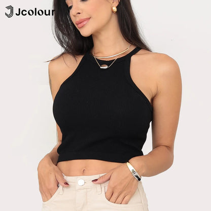 3 Peças，Cropped canelado，Regata de gola alta sexy，Top curto justo sem mangas，Regata de tricô casual de verão