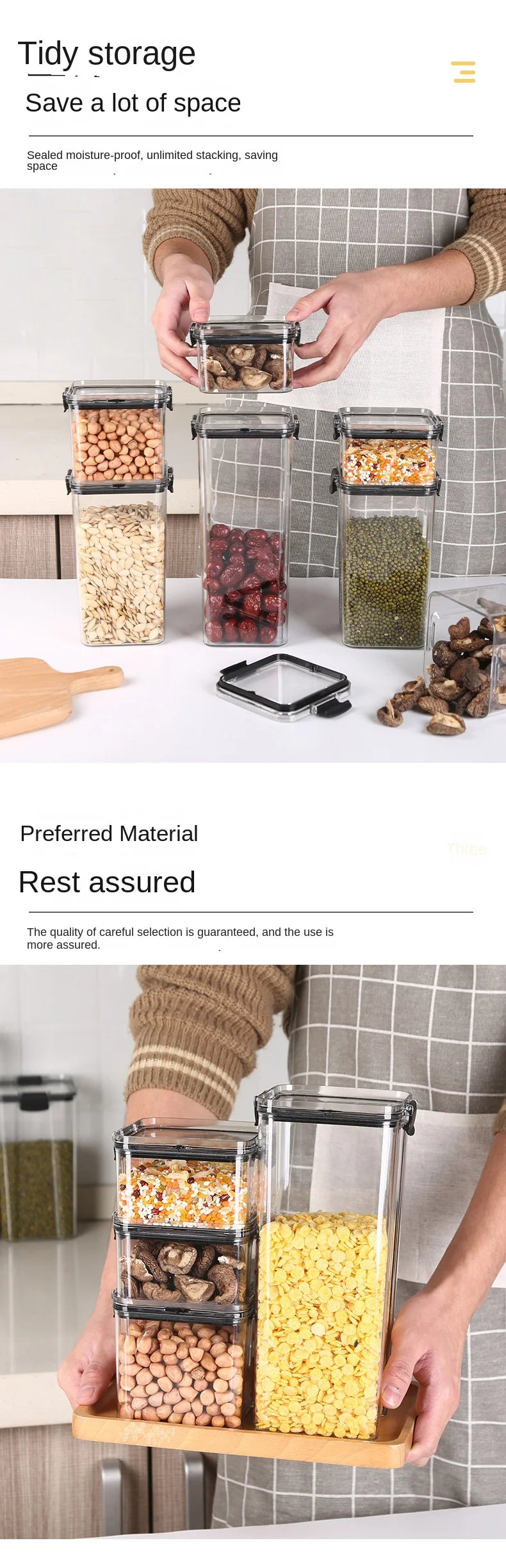 Frasco de armazenamento de alimentos selado transparente Organizador de cozinha de plástico Tanque Multigrain Frascos selados secos empilháveis Conjunto de 5pcs