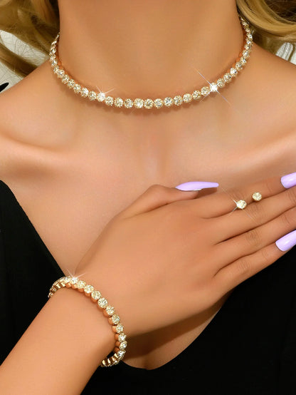 Conjuntos de jóias minimalistas para mulheres, colares elegantes com brincos e pulseiras, banquete e acessórios de festa, 4 unid