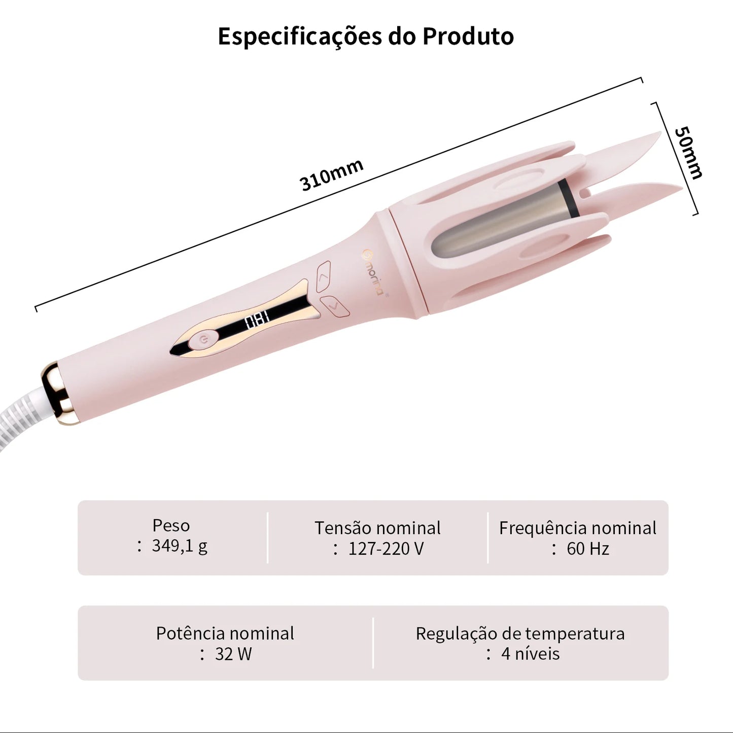 Modelador de Cabelo Automático Rosa 3 Temperaturas (160°C-200°C), Revestimento Cerâmico, Aquecimento Rápido, Cachos em Minutos