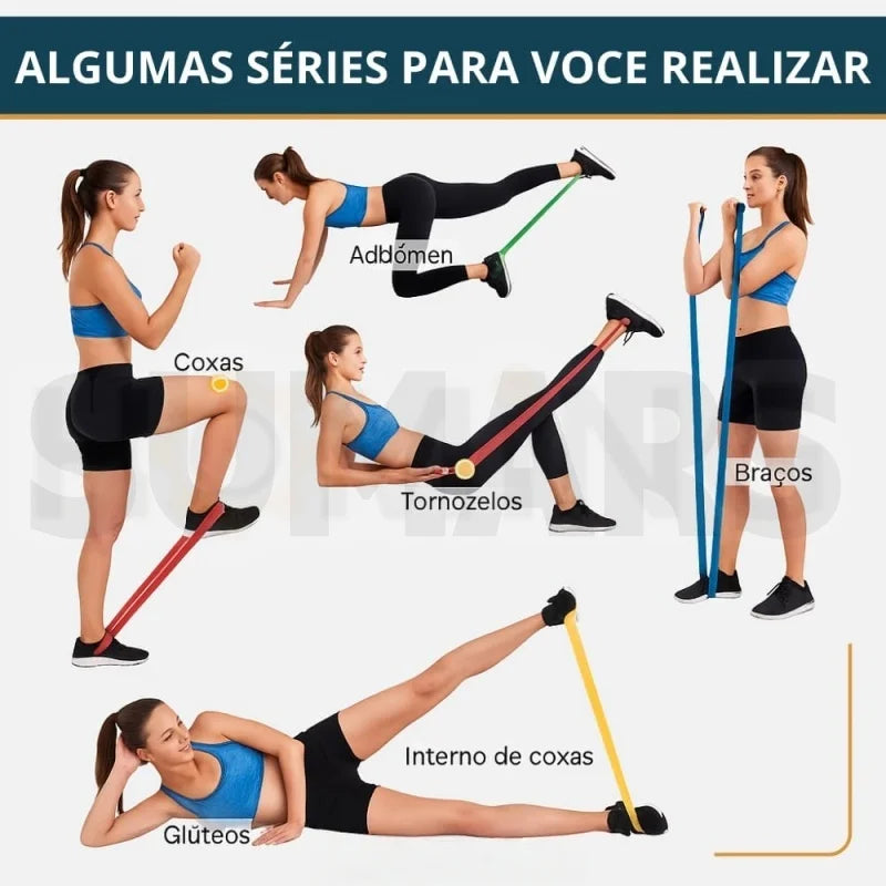 Kit 5 Faixas Elástica de Resistência Silicone para Yoga Pilates Fisioterapia Treino Academia