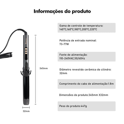 Modelador de Cabelo 32mm com Display LCD, Preto e Dourado, 5 Temperaturas (140°C-220°C), Revestimento Cerâmico, Bivolt 110-220V