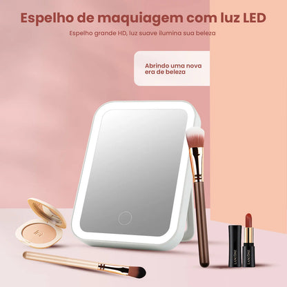 Espelho de Maquiagem USB Recarregável LED com 3 Níveis de Luz, Sensível ao Toque, Design Portátil
