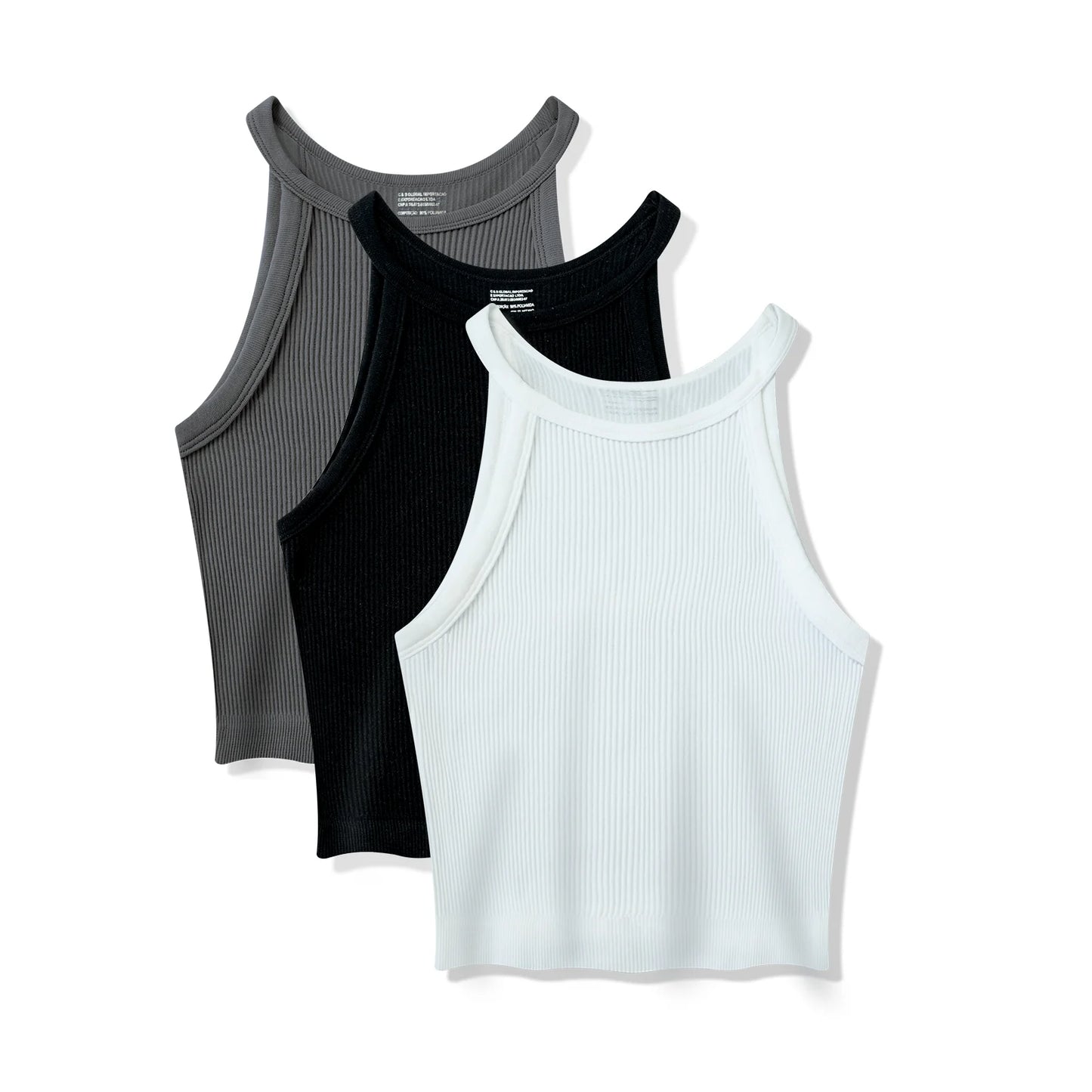 3 Peças，Cropped canelado，Regata de gola alta sexy，Top curto justo sem mangas，Regata de tricô casual de verão