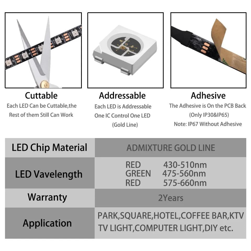 Ws2811 ws2812b ws2813 ws2815 30/60/144 pixels/leds/m 5050 rgbic tira led inteligente ws2812 luz ic endereçável individualmente dc5v/12v