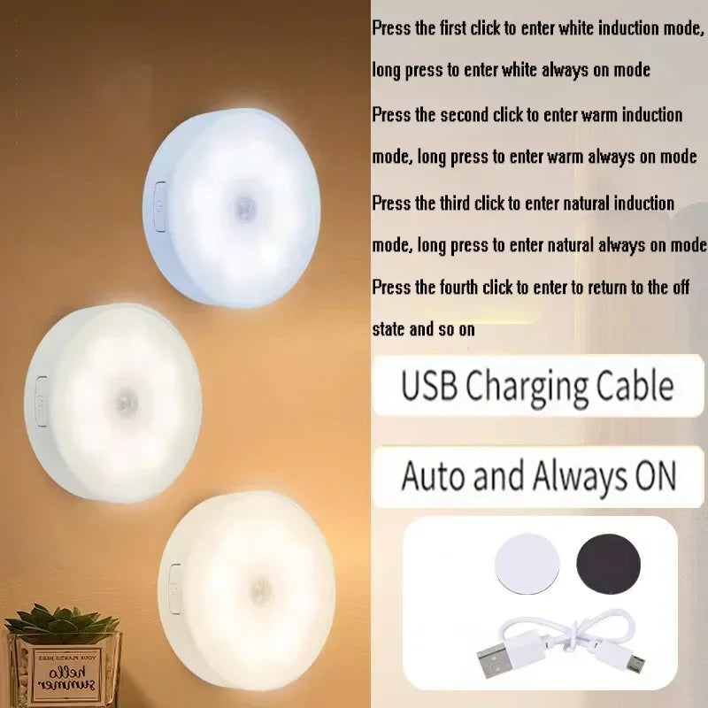 2 ~ 6 pacote sensor de movimento led night light usb recarregável 3 cores noite lâmpada armário guarda-roupa escada sem fio luz do armário