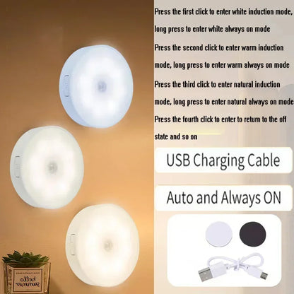 2 ~ 6 pacote sensor de movimento led night light usb recarregável 3 cores noite lâmpada armário guarda-roupa escada sem fio luz do armário
