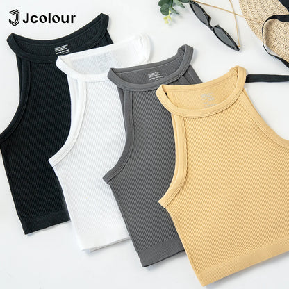 Regata feminina de tricô canelado，Top ajustado sem mangas com ombros à mostra，Roupas de verão，Cropped Canelado