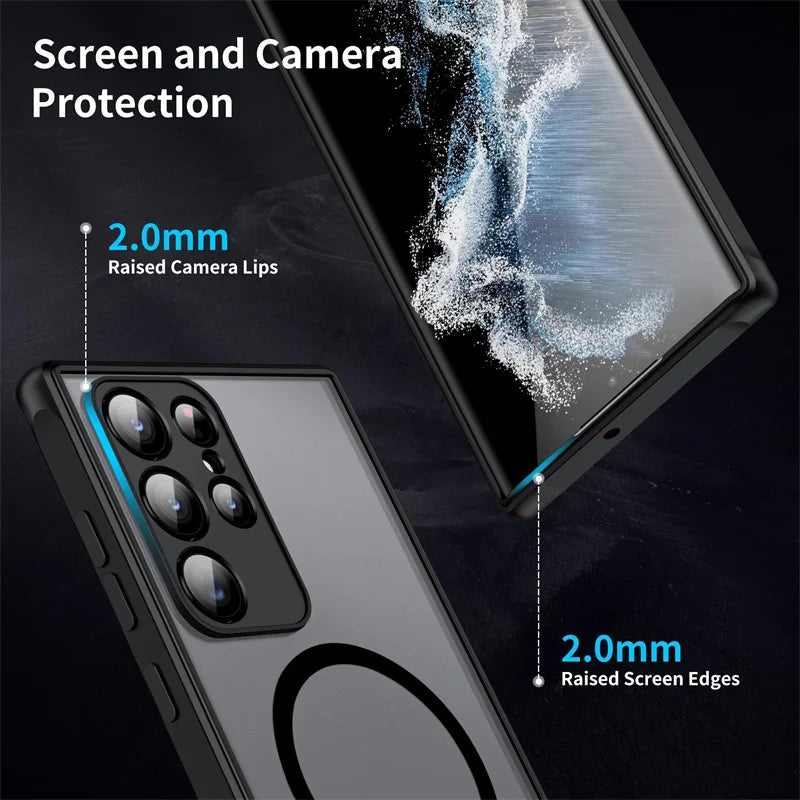 Luxo magsafe caso de carga sem fio para samsung galaxy s20 s21 s22 s23 fe s24 s25 plus s25 ultra à prova de choque fosco claro capa