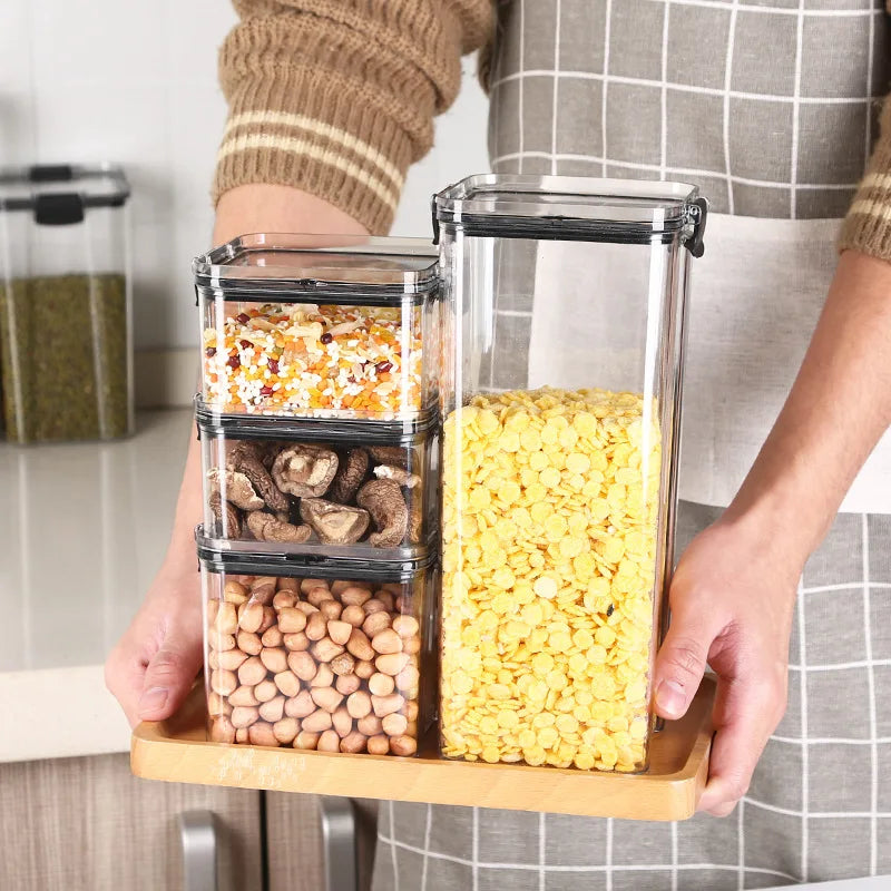 Frasco de armazenamento de alimentos selado transparente Organizador de cozinha de plástico Tanque Multigrain Frascos selados secos empilháveis Conjunto de 5pcs