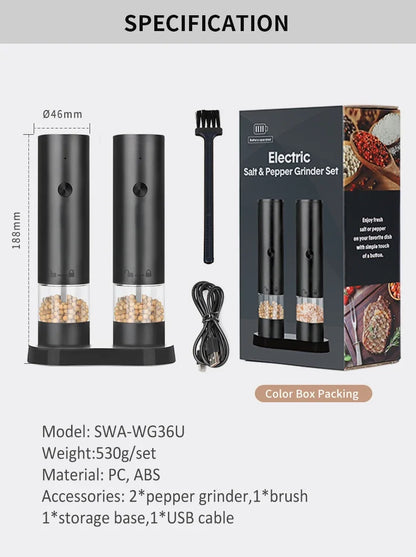 Moedor elétrico recarregável usb de sal e pimenta, aspereza ajustável, grande capacidade, moedores de especiarias automáticos, ferramenta de cozinha