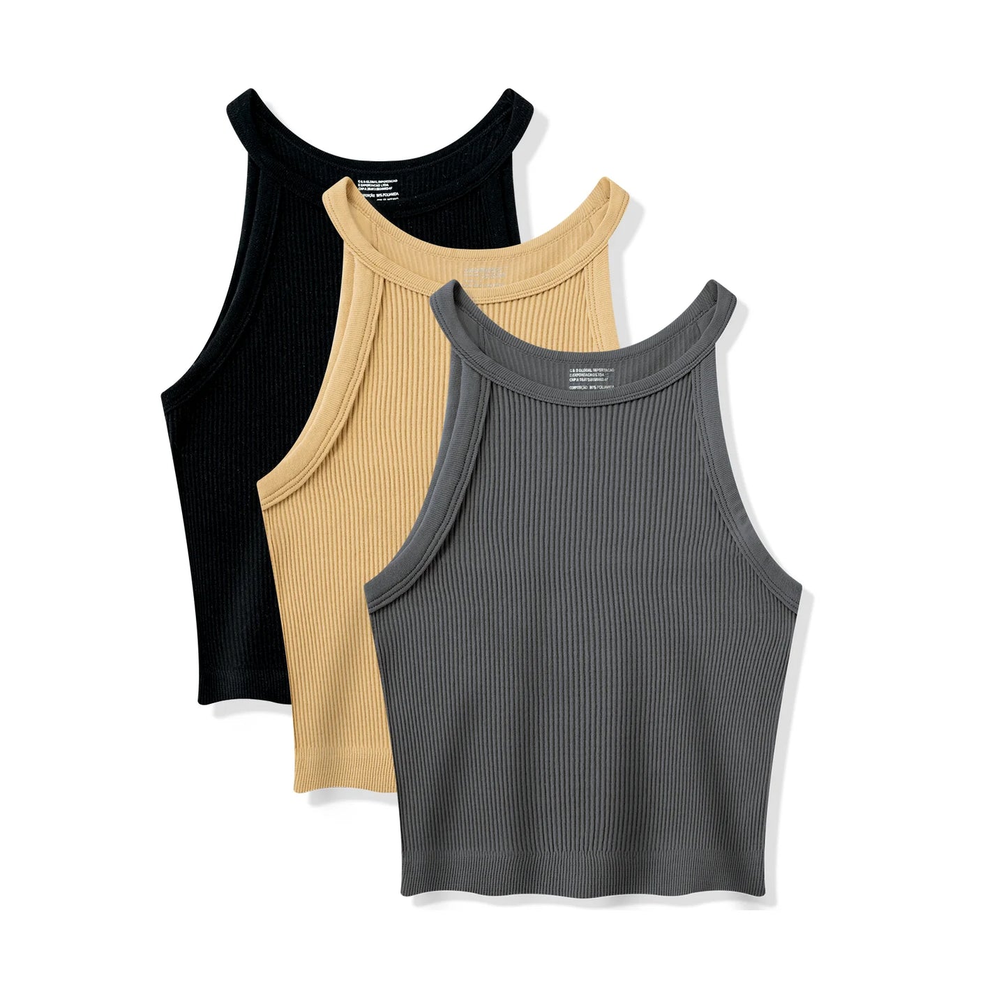 3 Peças，Cropped canelado，Regata de gola alta sexy，Top curto justo sem mangas，Regata de tricô casual de verão