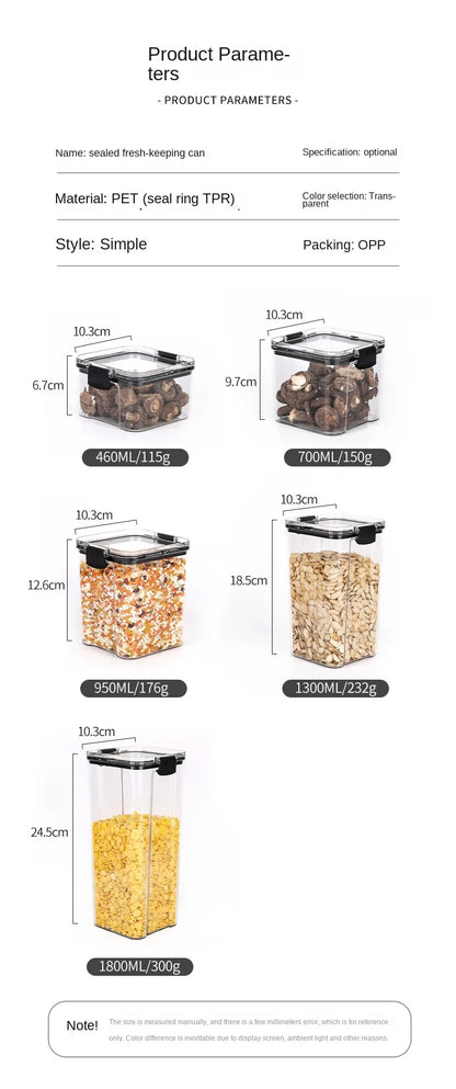 Frasco de armazenamento de alimentos selado transparente Organizador de cozinha de plástico Tanque Multigrain Frascos selados secos empilháveis Conjunto de 5pcs