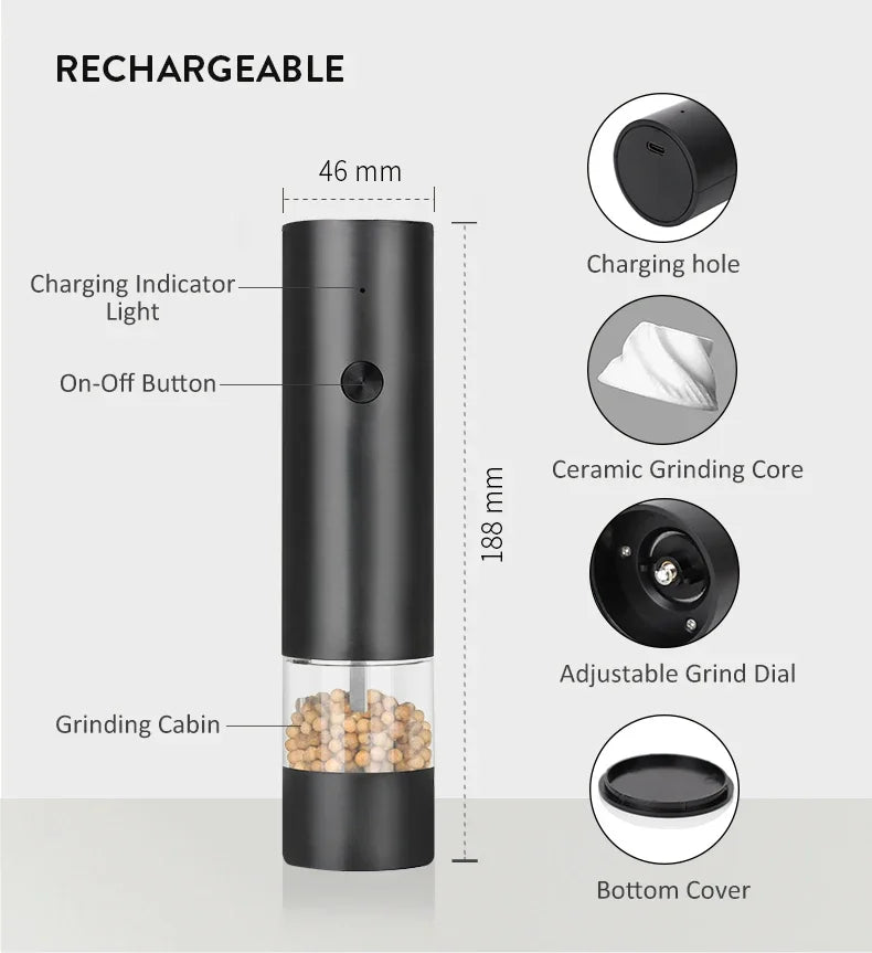 Moedor elétrico recarregável usb de sal e pimenta, aspereza ajustável, grande capacidade, moedores de especiarias automáticos, ferramenta de cozinha