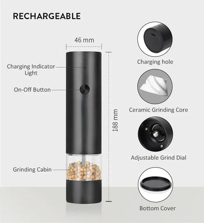 Moedor elétrico recarregável usb de sal e pimenta, aspereza ajustável, grande capacidade, moedores de especiarias automáticos, ferramenta de cozinha