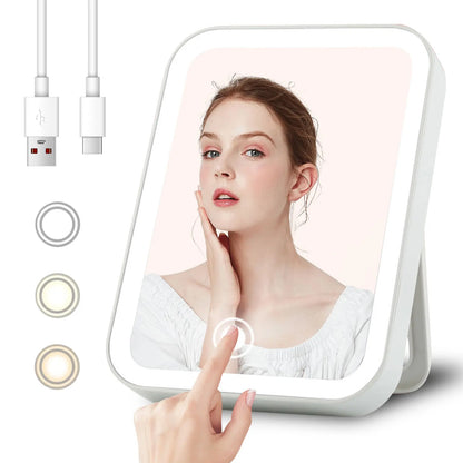 Espelho de Maquiagem USB Recarregável LED com 3 Níveis de Luz, Sensível ao Toque, Design Portátil
