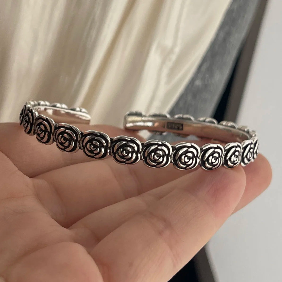 100% sólido 925 prata esterlina retro pulseira para mulheres homens vintage artesanal flor patern pulseira presente de aniversário