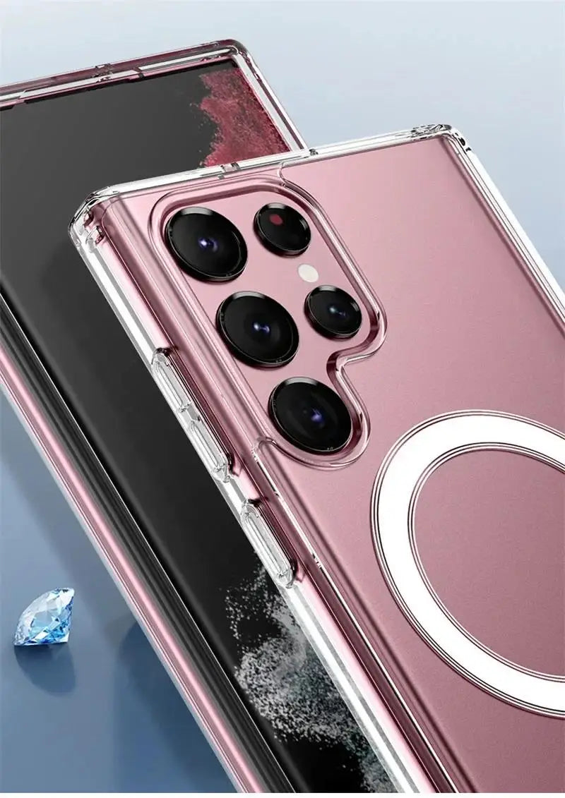 Moda clara magnética magsafe caso de carga sem fio para samsung galaxy s25 s24 s23 s22 s21 s20 plus fe ultra casos anti-queda