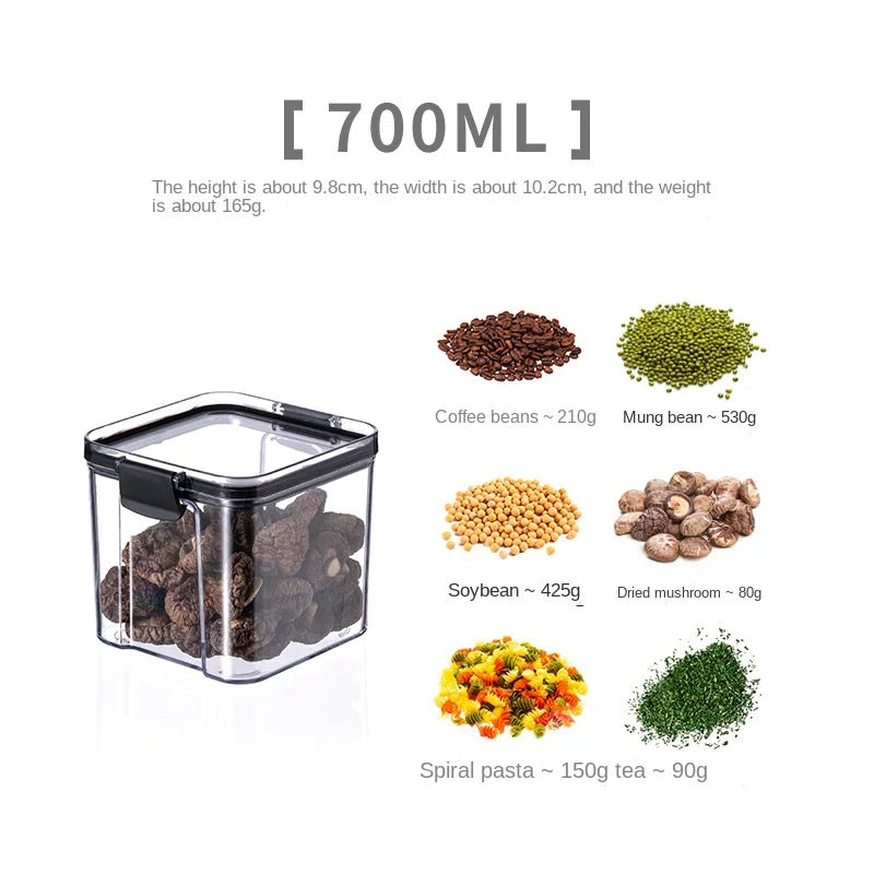 Frasco de armazenamento de alimentos selado transparente Organizador de cozinha de plástico Tanque Multigrain Frascos selados secos empilháveis Conjunto de 5pcs