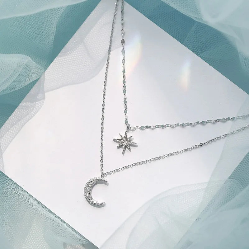 925 colar de prata para mulheres dupla camada zircão estrela lua pingente colar delicado corrente charme elegante moda jóias presentes