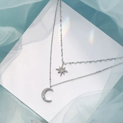 925 colar de prata para mulheres dupla camada zircão estrela lua pingente colar delicado corrente charme elegante moda jóias presentes