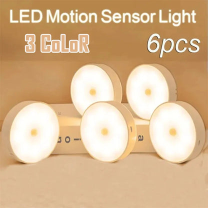 2 ~ 6 pacote sensor de movimento led night light usb recarregável 3 cores noite lâmpada armário guarda-roupa escada sem fio luz do armário