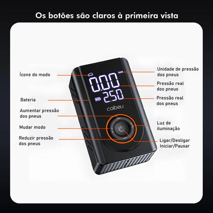 Bomba de Ar Portátil Sem Fio 60W, Bateria Recarregável 3600mAh, 150PSI, 5 Modos, LED/SOS, Type-C, Automática para Carro/Moto