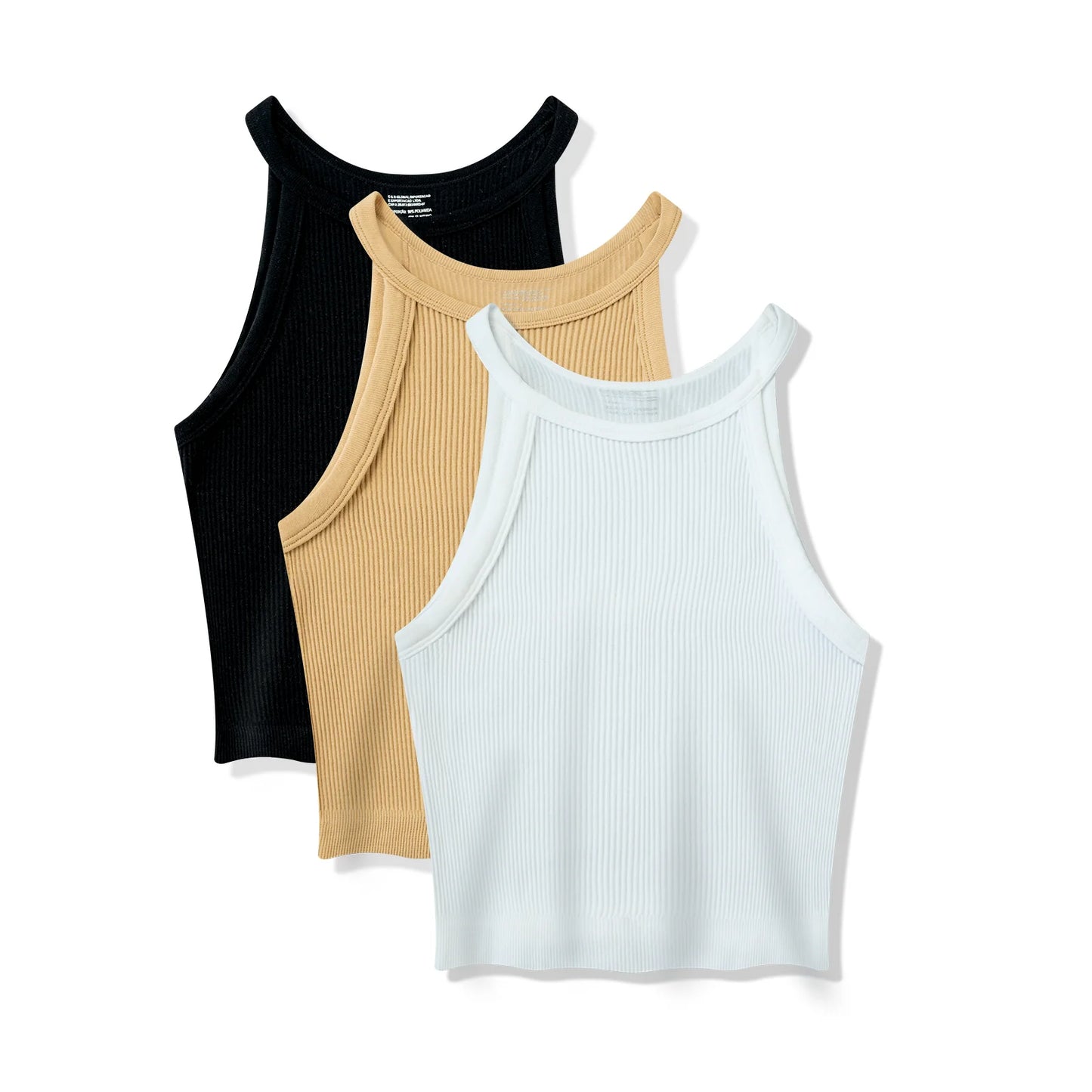 3 Peças，Cropped canelado，Regata de gola alta sexy，Top curto justo sem mangas，Regata de tricô casual de verão