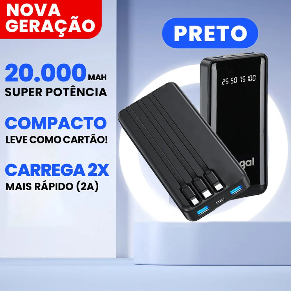 Power Bank 20000mAh Carregador Portátil com Lanterna, Display Digital, Carregamento Rápido para Celular, Viagem