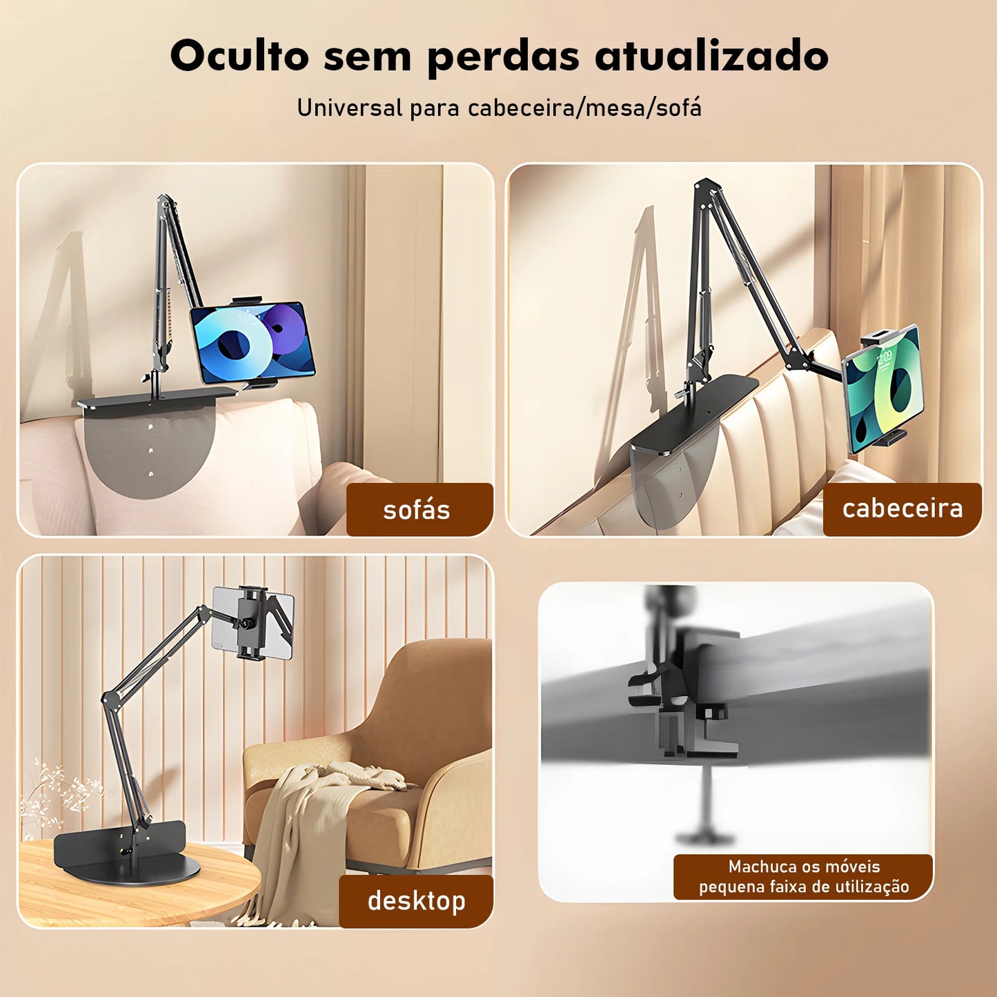 Suporte de Braço Metálico Articulado para Cabeceira - Ajuste 360°, Compatível com Celular e Tablet, Fácil Instalação, Coibeu