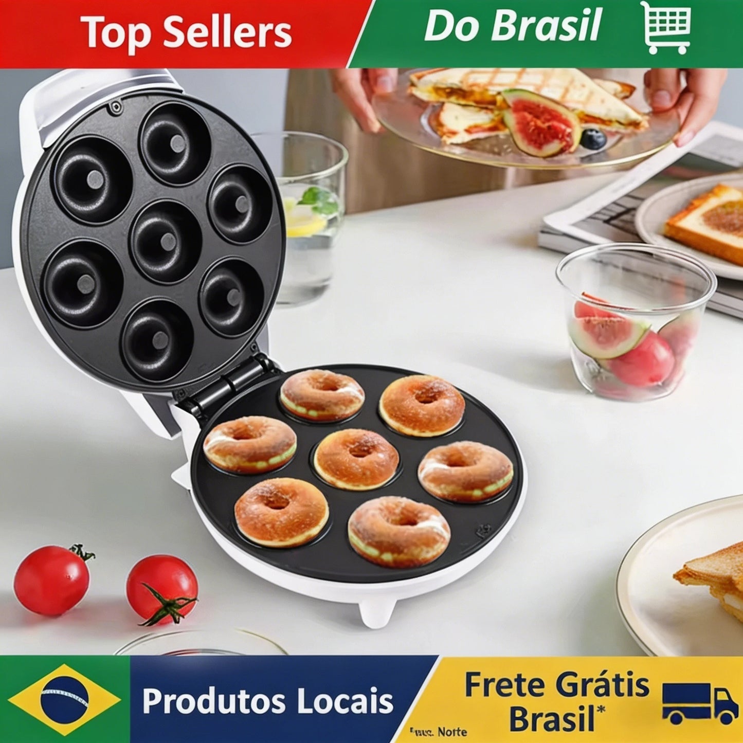 Máquina Elétrica de Fazer Mini Donuts Brazi com Aquecimento Dupla Face e Revestimento Antiaderente para Café da Manhã, Sobremesas, Lanches, Festas em Família e Padarias