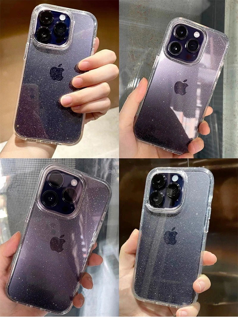 Luxo bling glitter claro caso de telefone para iphone 11 12 13 14 15 16 17 pro xr xs max mini plus à prova de choque macio transparente capa