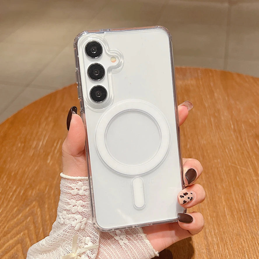 Moda clara magnética magsafe caso de carga sem fio para samsung galaxy s25 s24 s23 s22 s21 s20 plus fe ultra casos anti-queda