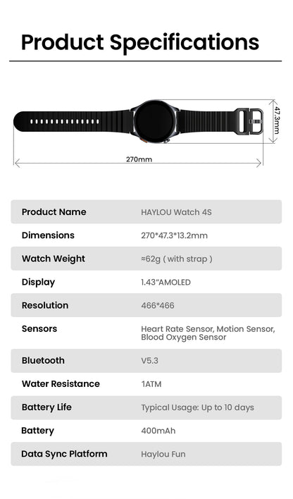 Relógio HAYLOU 4S GPS Smartwatch com Tela HD AMOLED de 1.43”, Posicionamento GPS por 5 Satélites, 120+ Modos de Treino, Relógio Inteligente para Fitness