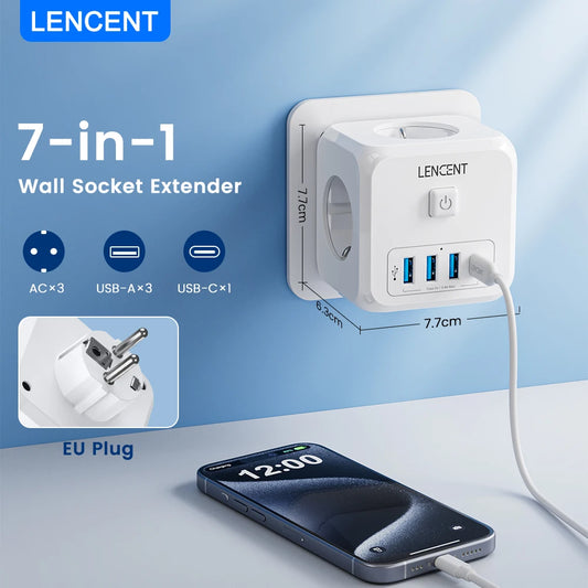 LENCENT Extensor de Tomada de Parede com 3 Tomadas AC 3 Portas USB E 1 Tipo C 7-em 1 EU Plug Charger On/Off Switch para Casa