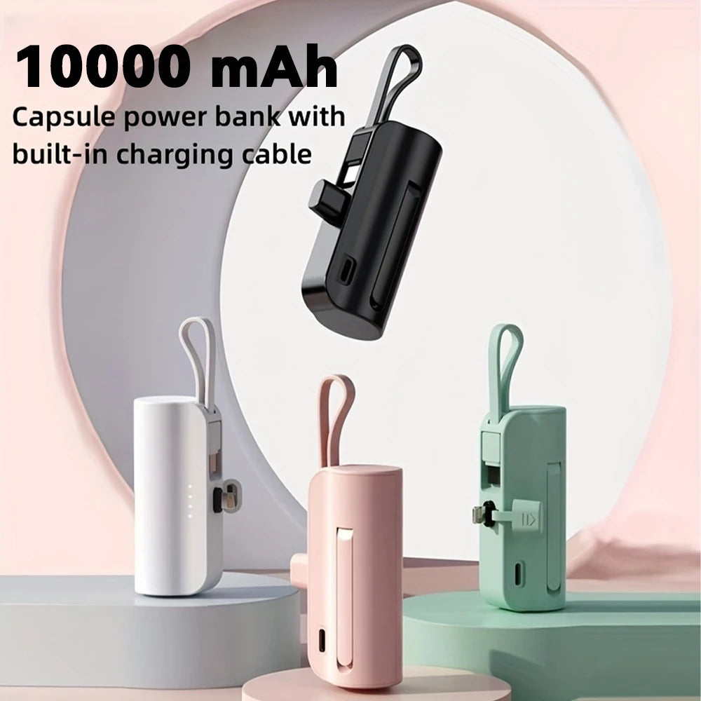 Power Bank 10000mAh Leve com Cabo Embutido Carregador Portátil para Celular Emergência Diária