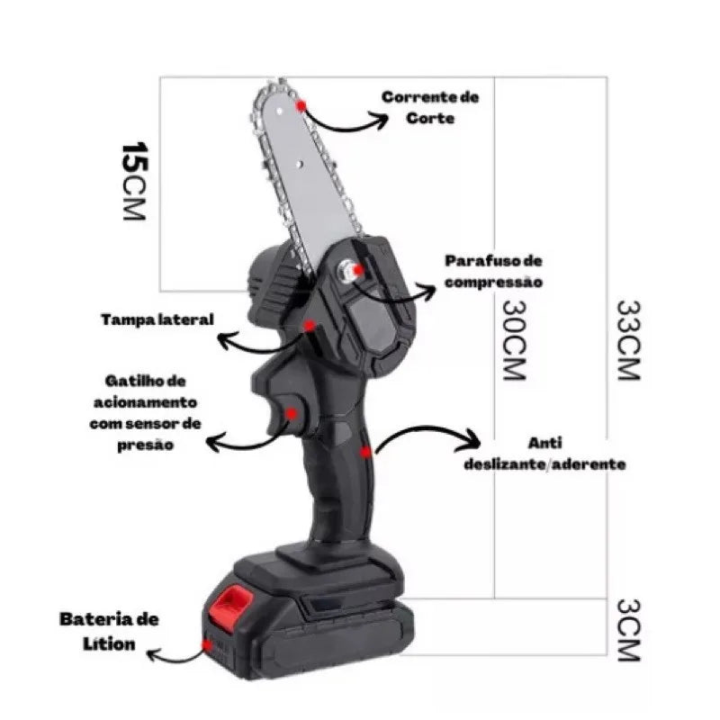 Mini Motosserra Elétrica de 4 Polegadas Recarregável Bivolt para Poda e Jardinagem com Bateria