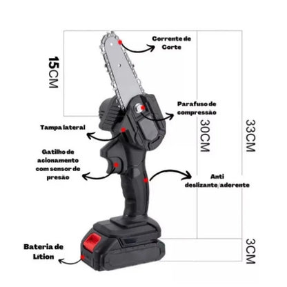 Mini Motosserra Elétrica de 4 Polegadas Recarregável Bivolt para Poda e Jardinagem com Bateria