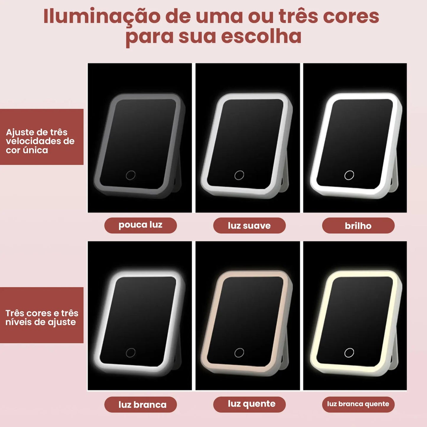 Espelho de Maquiagem USB Recarregável LED com 3 Níveis de Luz, Sensível ao Toque, Design Portátil