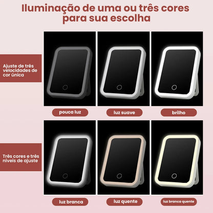 Espelho de Maquiagem USB Recarregável LED com 3 Níveis de Luz, Sensível ao Toque, Design Portátil